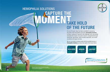 An advertisement for Bayer's Hemophilia Solutions