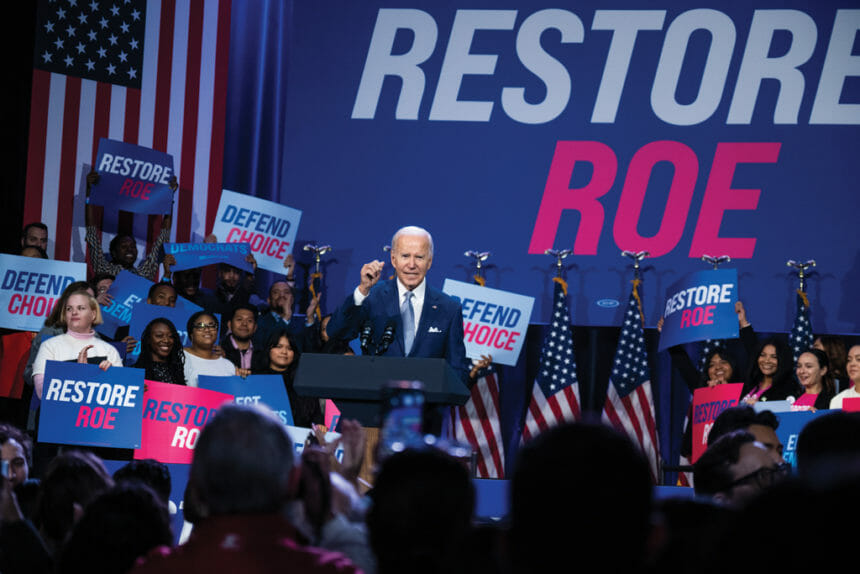 UNITED STATES - OCTOBER 18: President Joe Biden speaks about the importance of electing Democrats who want to restore abortion rights, during an event hosted by the Democratic National Committee at the Howard Theatre in Washington, D.C. on Tuesday, October 18, 2022. (Tom Williams/CQ-Roll Call, Inc via Getty Images)