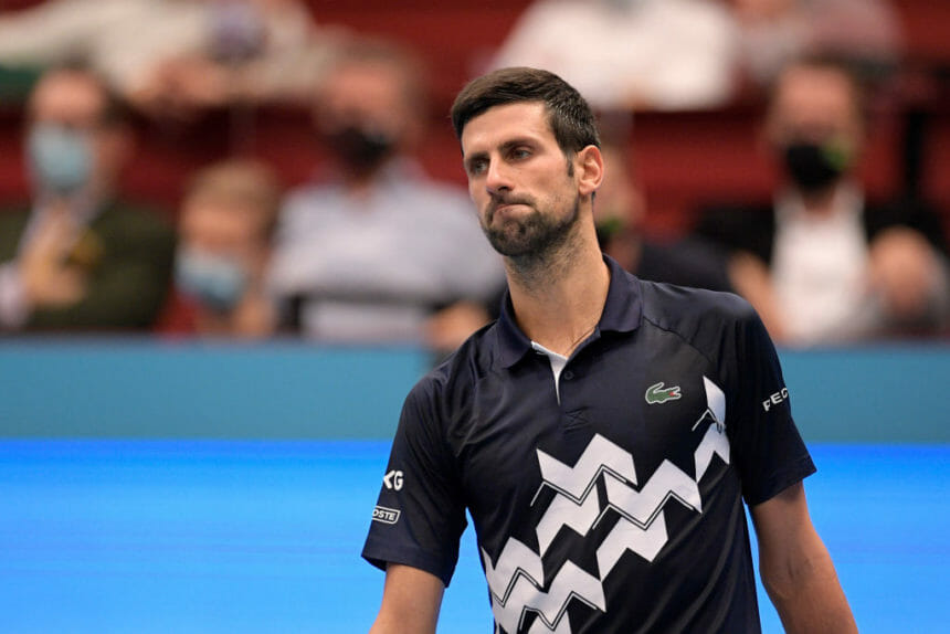 VIENNA, AUSTRIA - OCTOBER 30: Novak Djokovic of Serbia reacts during his quarter finals match against Lorenzo Sonego of Italy on day seven of the Erste Bank Open tennis tournament at Wiener Stadthalle on October 30, 2020 in Vienna, Austria. (Photo by Thomas Kronsteiner/Getty Images)