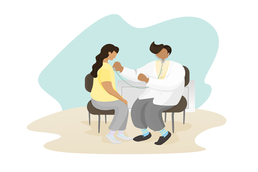 Medical check up illustration concept shows a doctor is checking a patient in cartoon style on the white background.