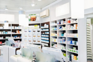A Pharmacy Counter With Medicine On Display