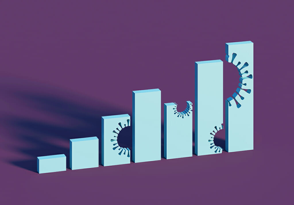 Digital generated image of abstract vertical bar chart with missing bites in the shape of coronaviruses on purple background.