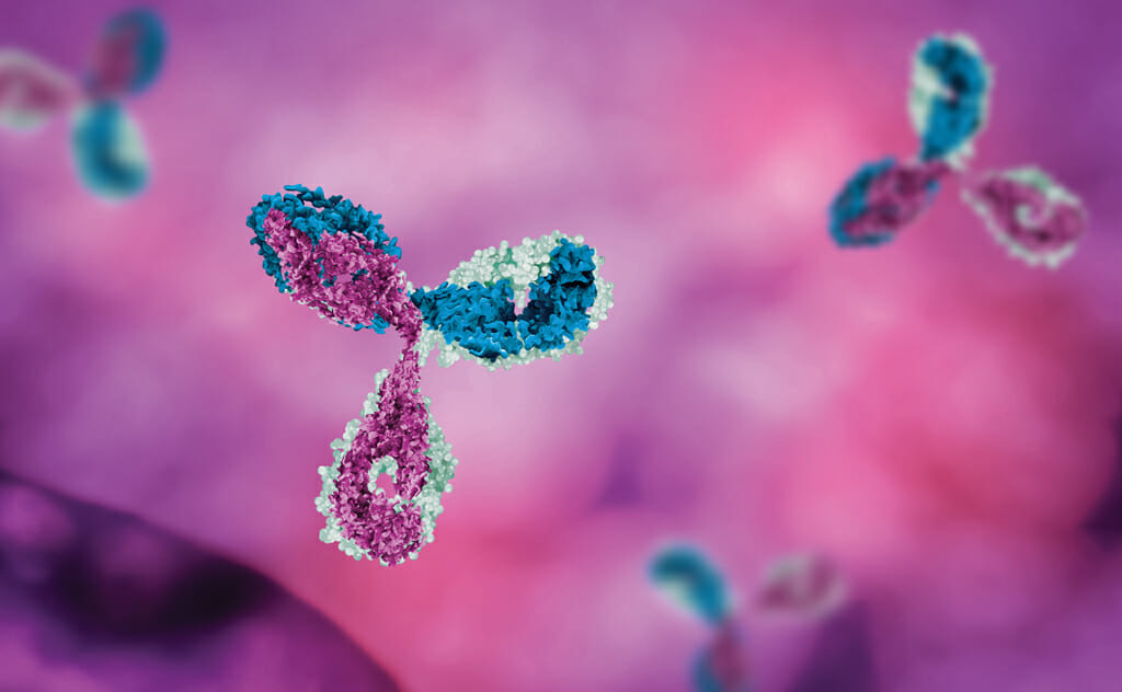 antibody in pink and red background selective focus 3d art