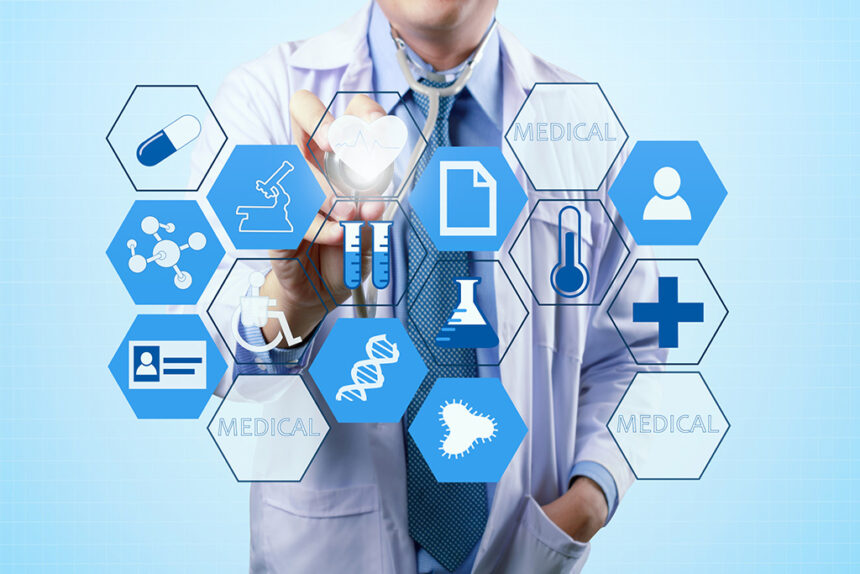Medical doctor touching virtual interface button of healthcare application