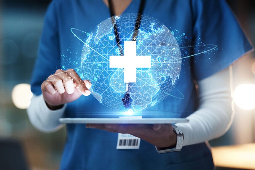 Nurse, hands or technology for 3d globe networking, healthcare community or digital help in life insurance support. Zoom, medical or futuristic world for global hospital, woman or doctor on tablet ux