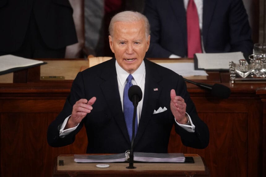US President Joe Biden during a State of the Union address at the US Capitol in Washington, DC, US, on Thursday, March 7, 2024.
