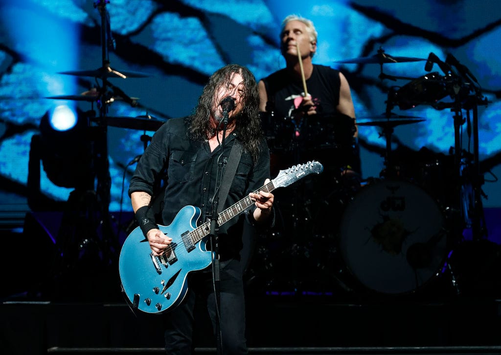 Dave Grohl (L) and Josh Freese (R) of Foo Fighters perform at the Power to the Patients concert at The Anthem on March 05, 2024 in Washington, DC.