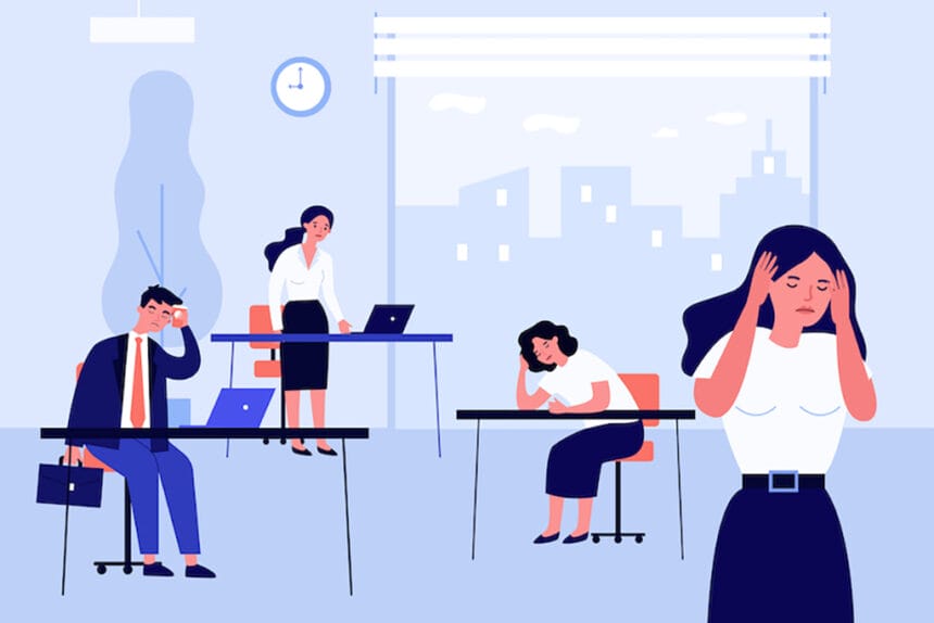 Exhausted office employees at work. Desk, morning, headache flat vector illustration. Stress and occupation concept for banner, website design or landing web page