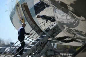US President Joe Biden boards Air Force One at Hancock Field Air National Guard Base in Syracuse, New York, on April 25, 2024, as he travels to New York City. (Photo by ANDREW CABALLERO-REYNOLDS / AFP) (Photo by ANDREW CABALLERO-REYNOLDS/AFP via Getty Images)