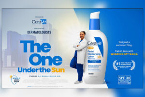 Poster for CeraVe's The One Under the Sun showing man in doctor's coat next to a large bottle of lotion