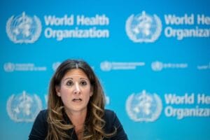 Maria Van Kerkhove, the World Health Organization's technical lead on covid-19, during a press conference at the WHO headquarters in Geneva, Switzerland, on Dec. 14, 2022.